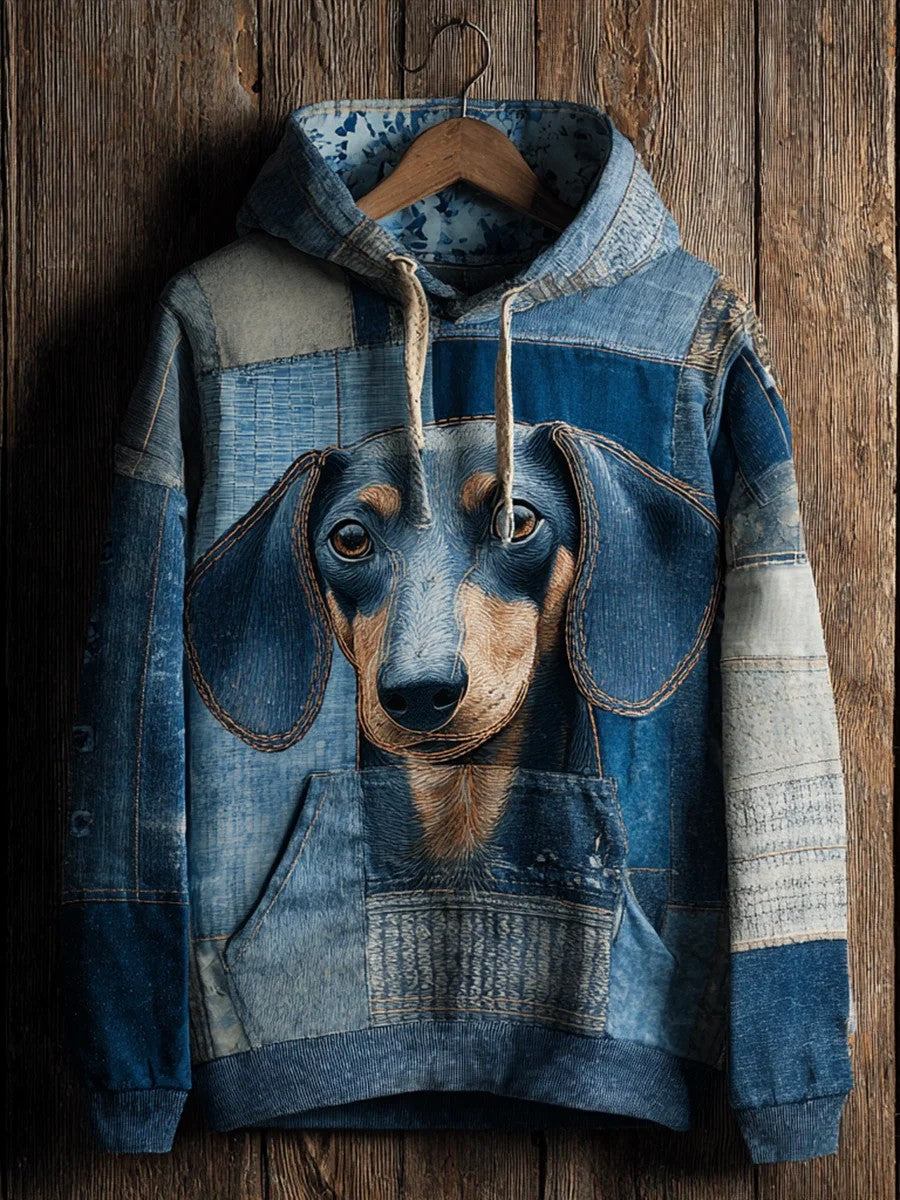 Denim Dog Print Art Casual Hoodie