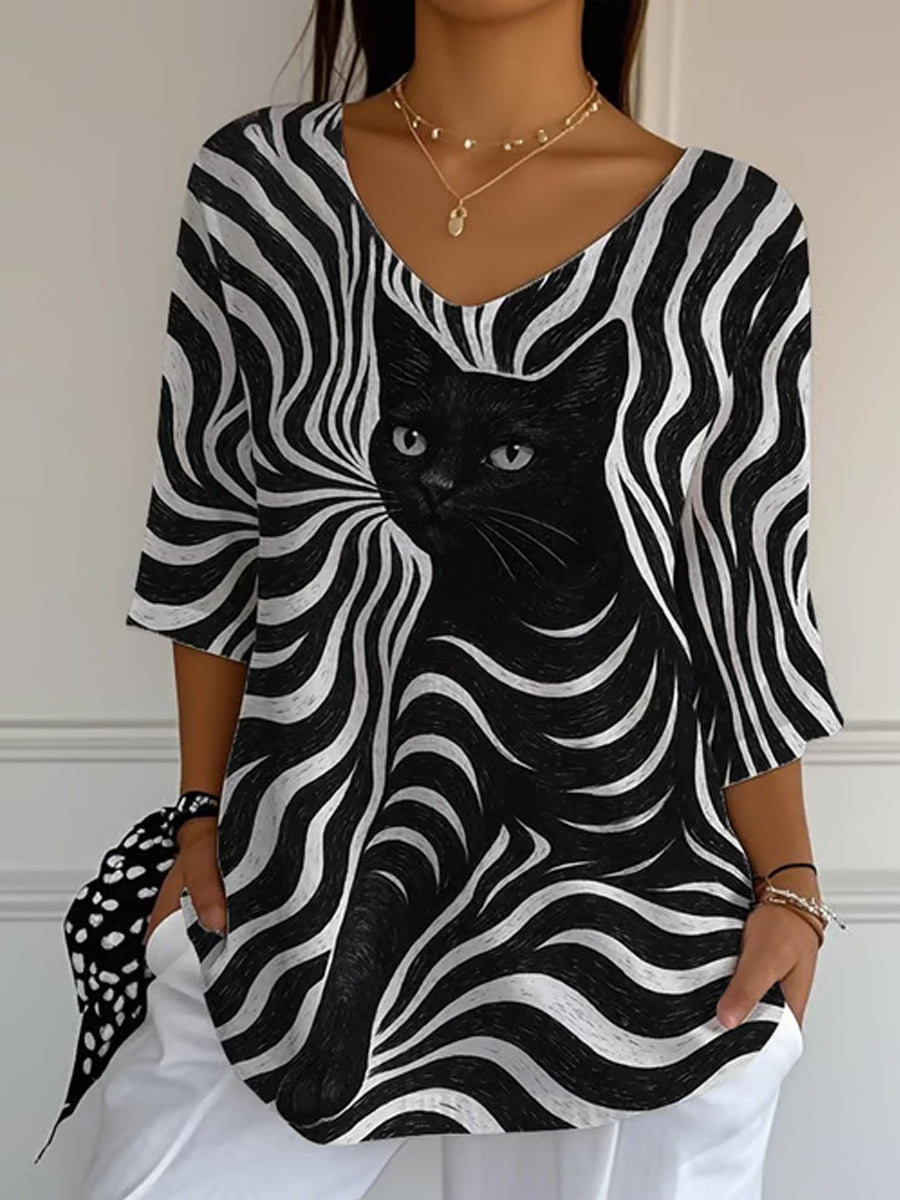 Women’s Black Cat Stripes Casual Long Sleeve Top