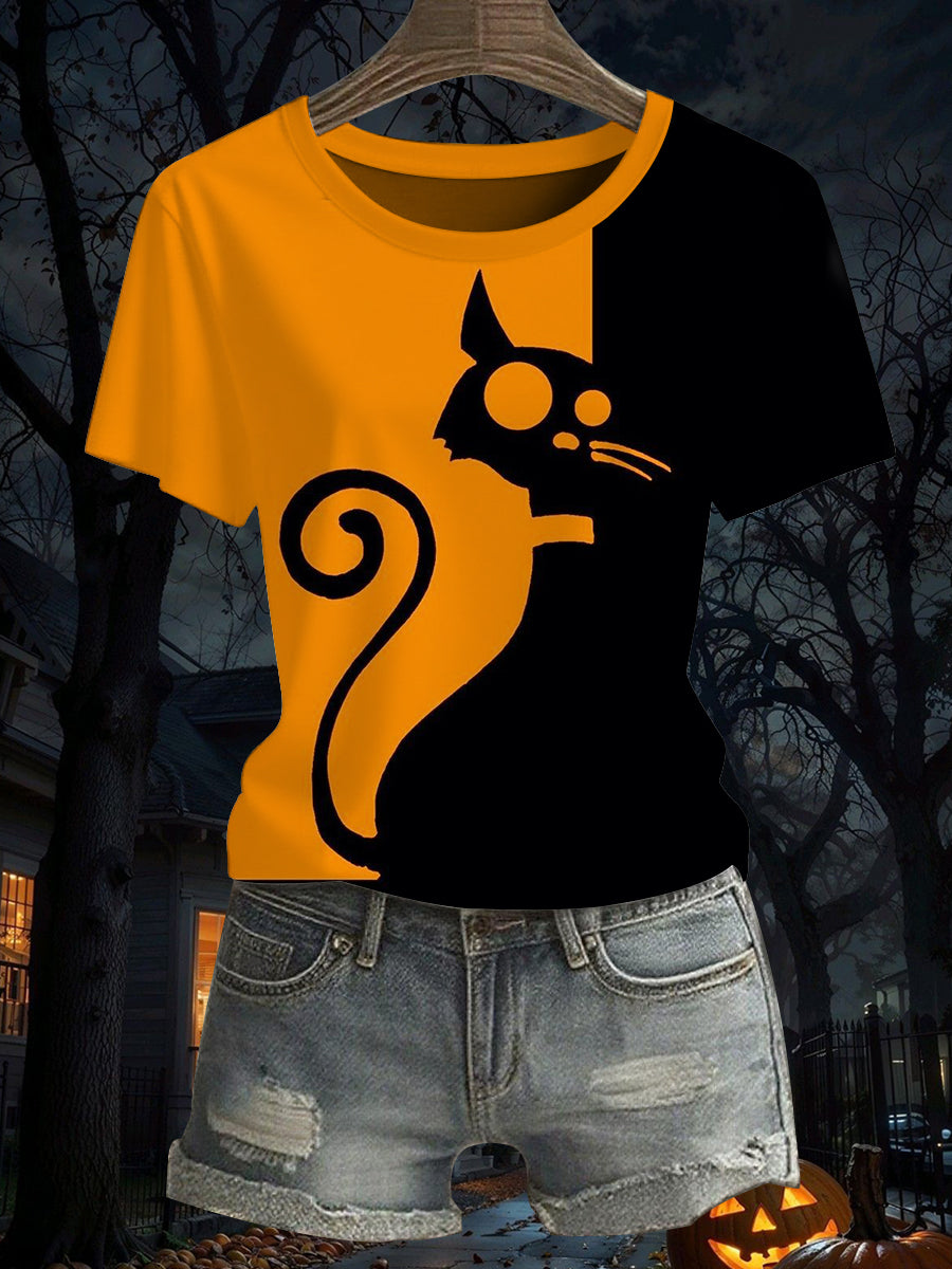 Women's Halloween Black Cat Short-sleeved T-shirt
