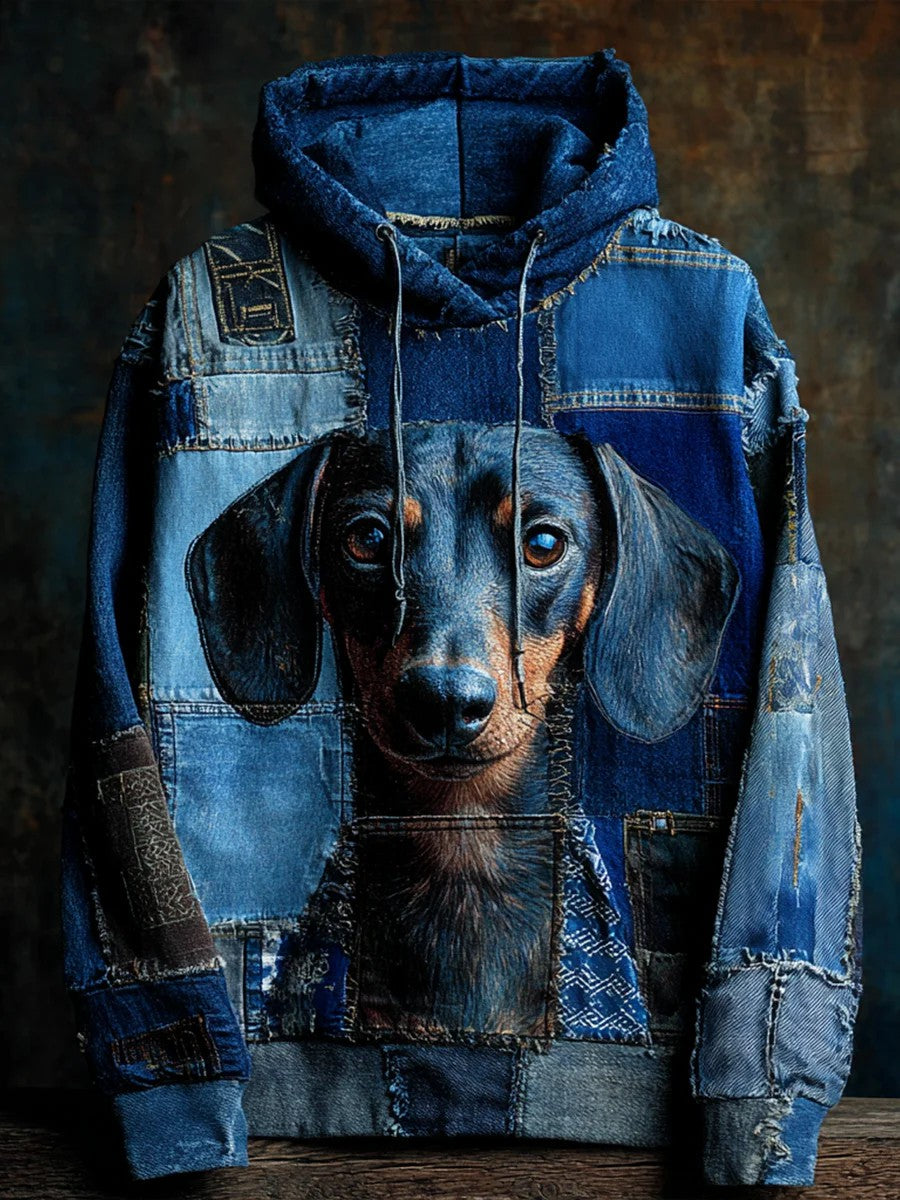 Denim Dog Print Art Casual Hoodie