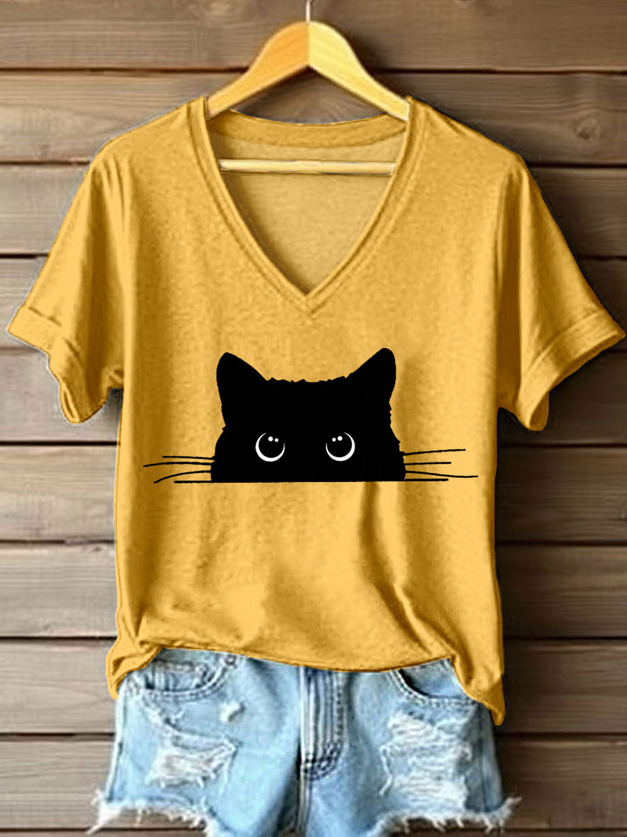 Women's Cute Cat Print V-Neck T-Shirt