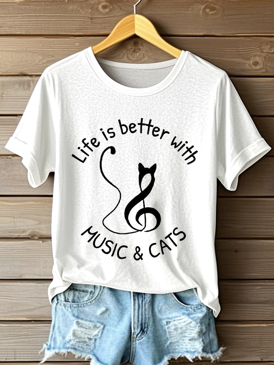 Women's Life Is Better With Music & Cats Print T-Shirt