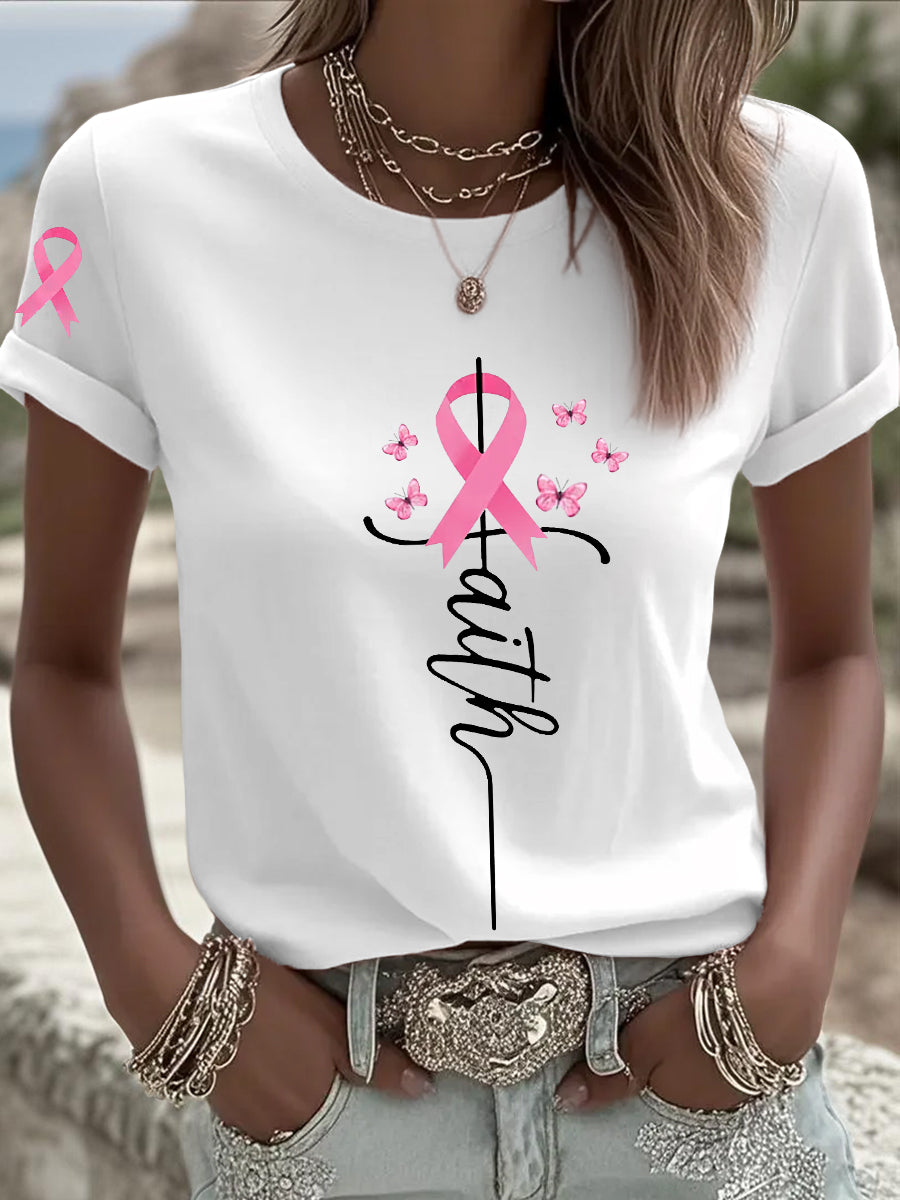 Women's Breast Cancer Awareness Pink Ribbon Faith Short Sleeve T-shirt