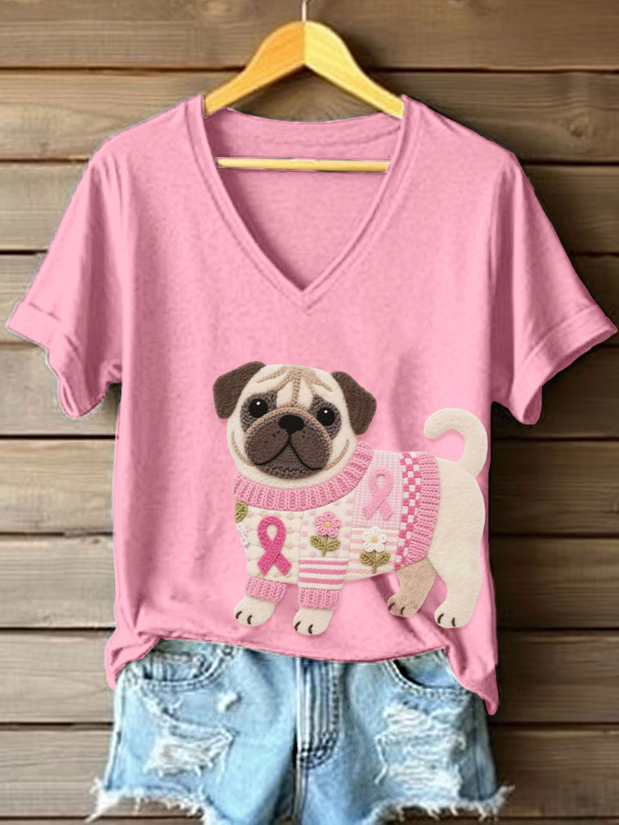 Women's Felt Art Pug Pattern V-Neck T-Shirt