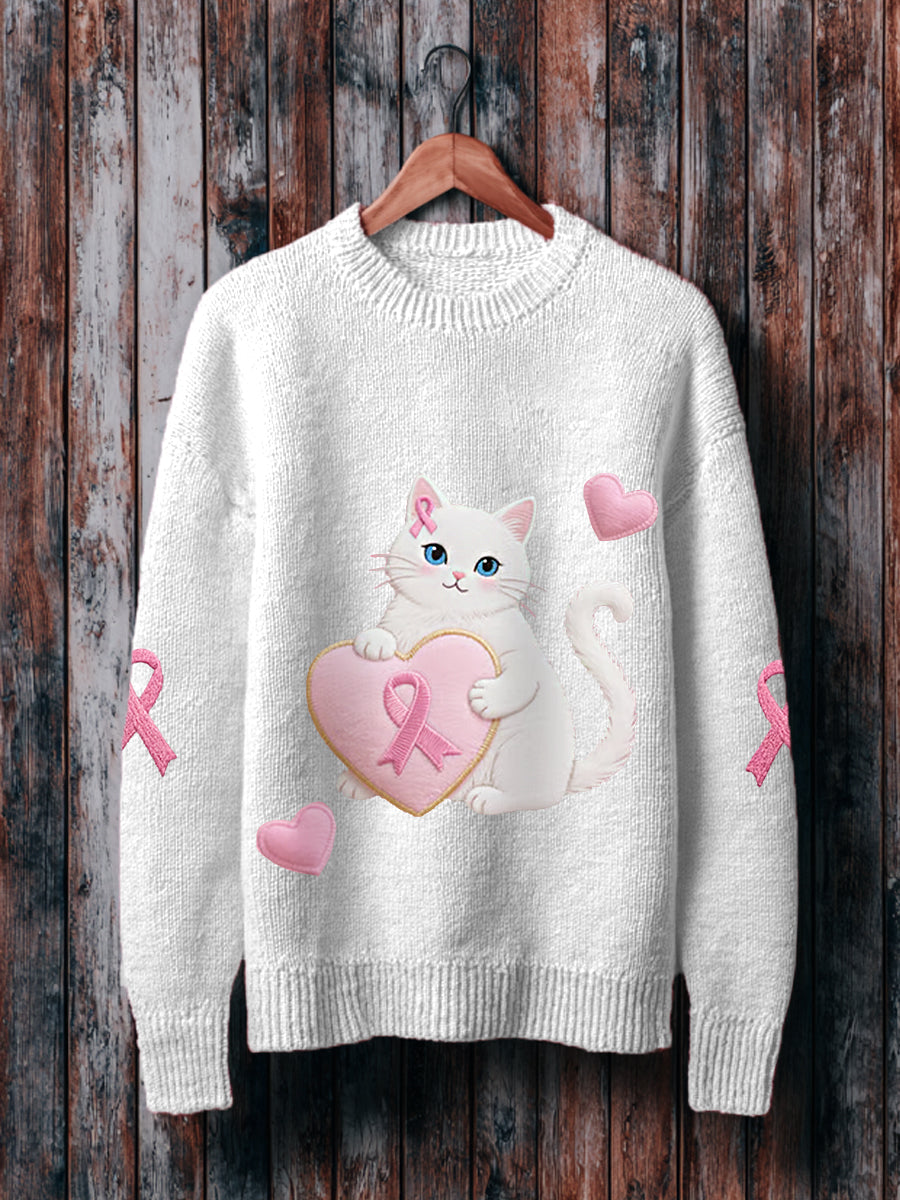Women's Pink Cat Pink Ribbon Breast Cancer Awareness Support Sweater