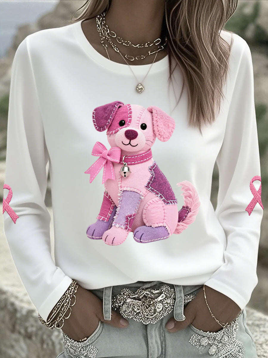 Women's Pink Dog Pink Ribbon Breast Cancer Awareness Support Long-Sleeve T-shirt