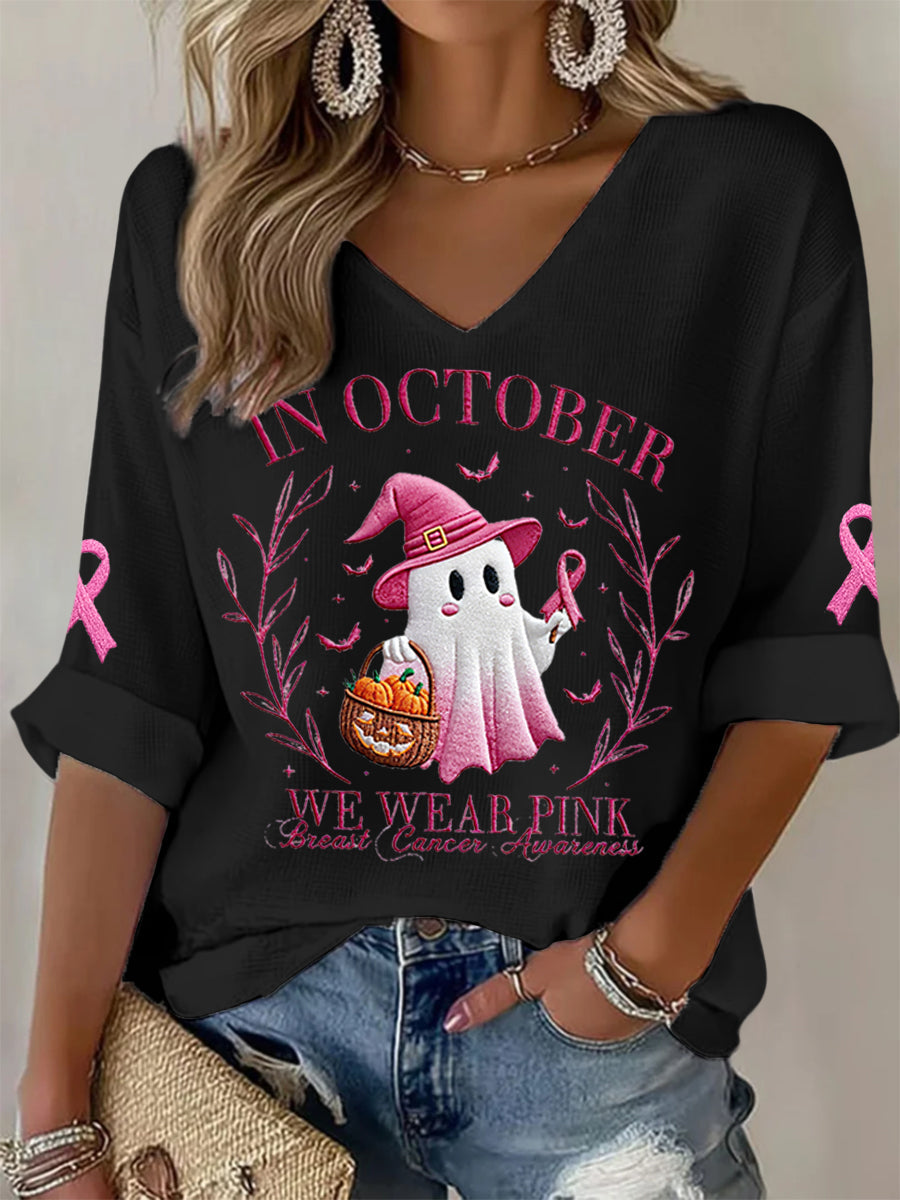 Women's In October We Wear Pink Halloween Pink Ghost Breast Cancer Awareness Support Long Sleeve Top