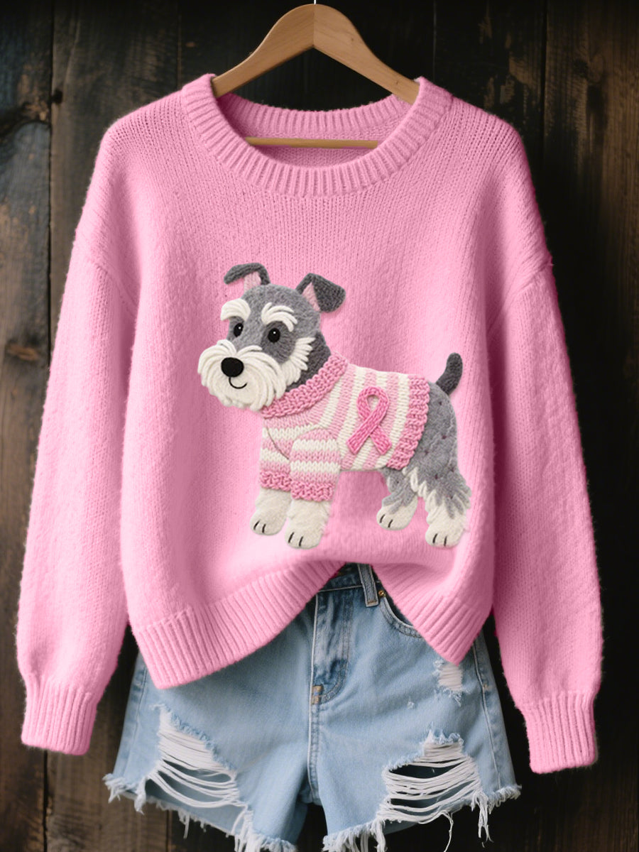 Women's Felt Art Schnauzer Dog Pattern Cozy Knit Sweater