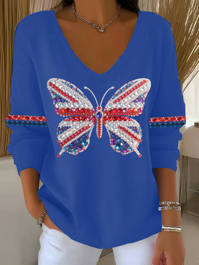 Women's British imitation diamond hot-drilling Printed Casual Top