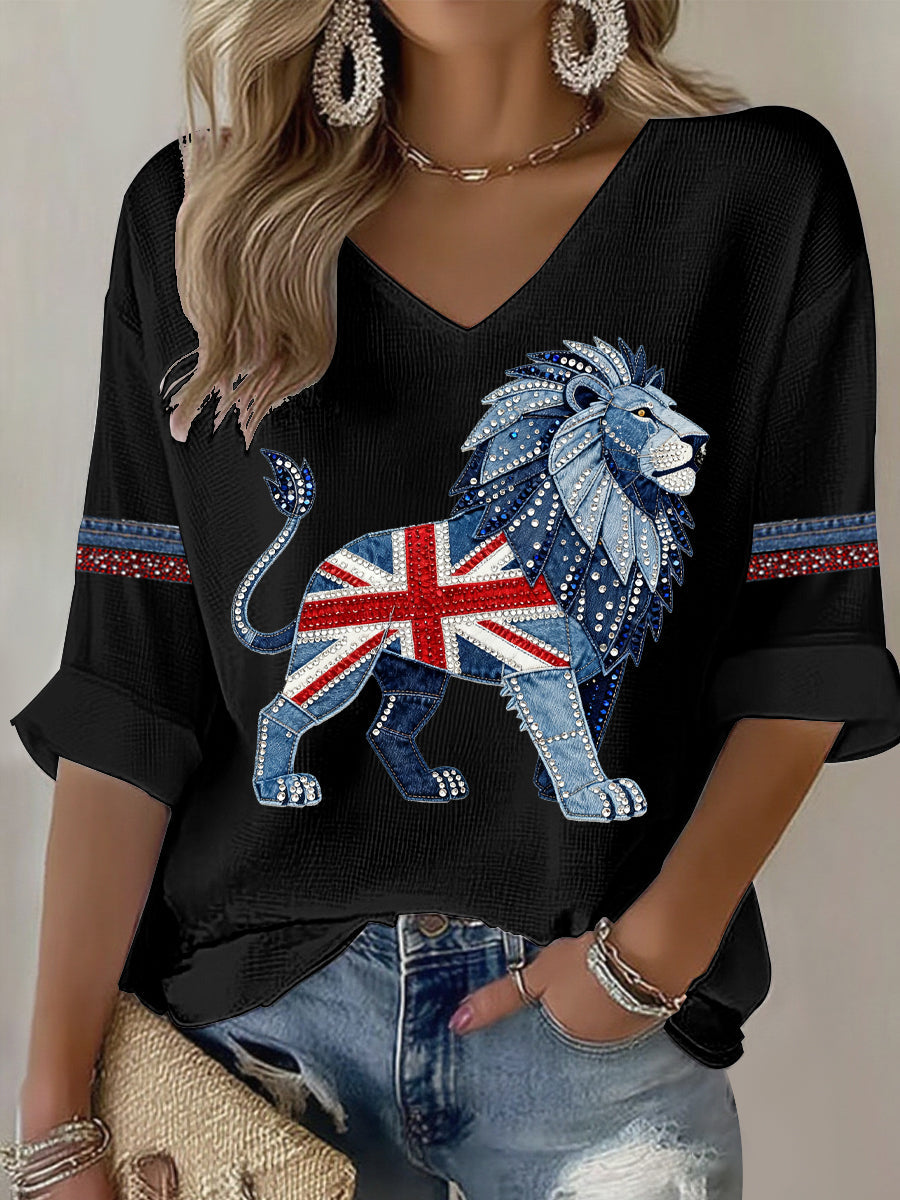 Women's British style imitation rhinestone hot-drilling Printed T-shirt