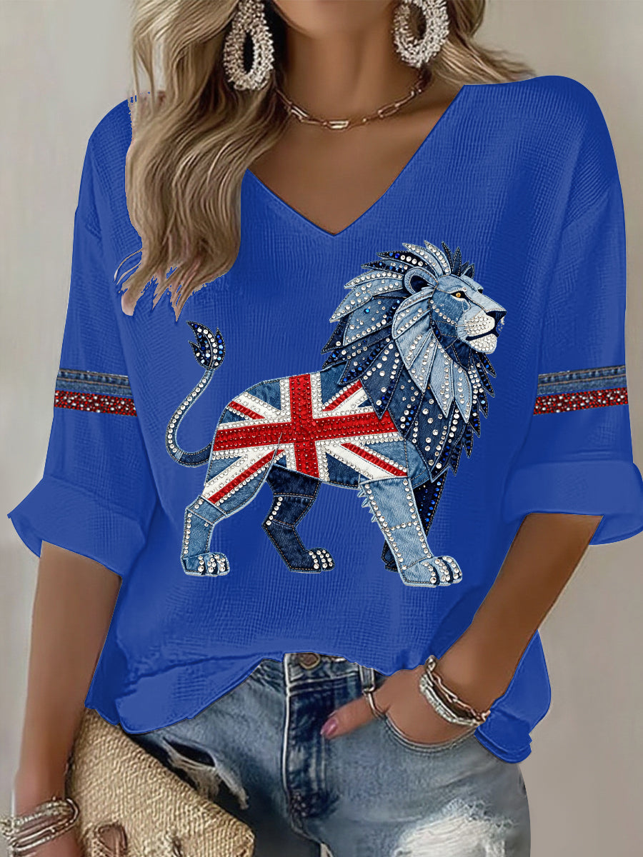 Women's British style imitation rhinestone hot-drilling Printed T-shirt