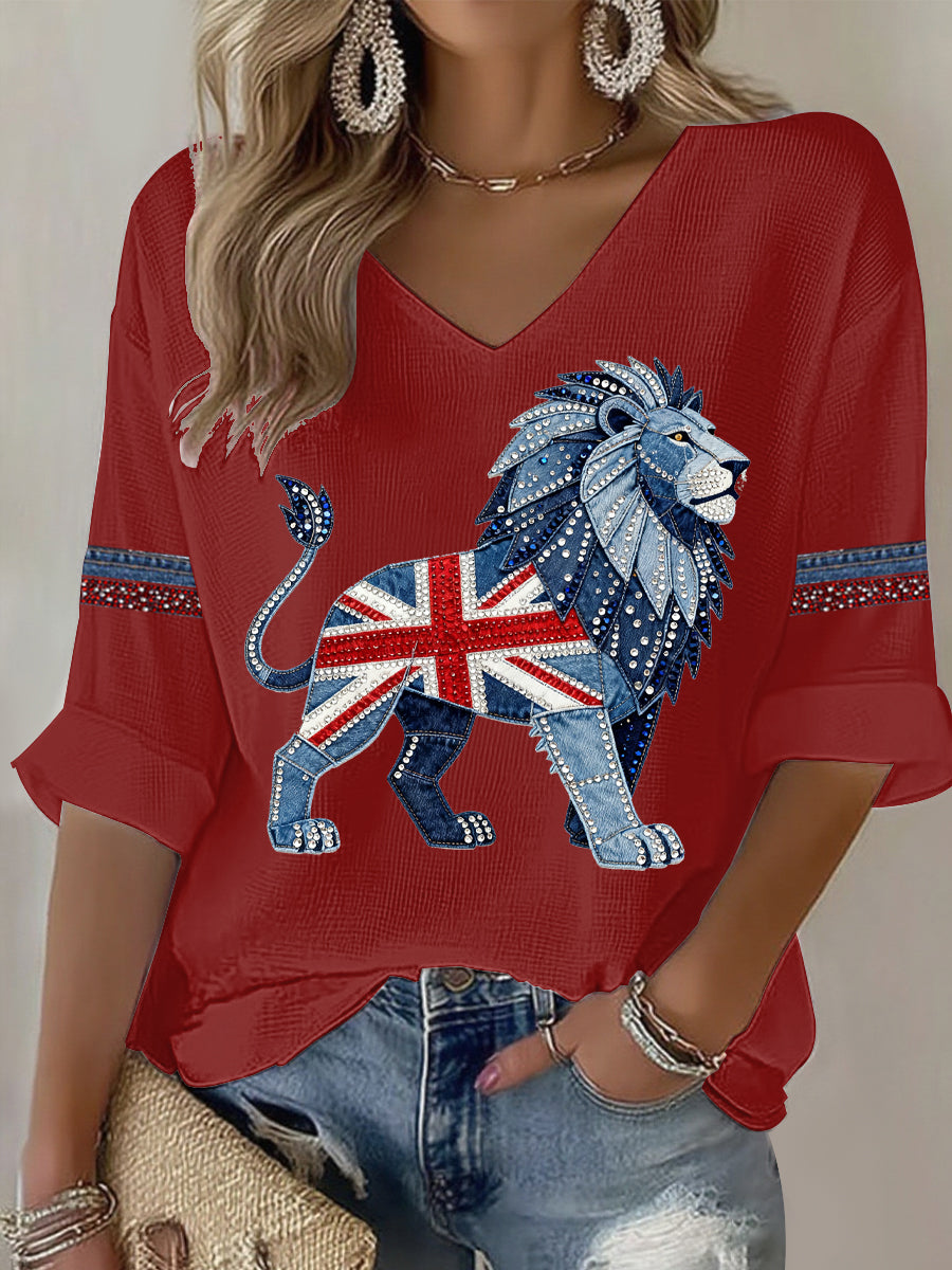 Women's British style imitation rhinestone hot-drilling Printed T-shirt