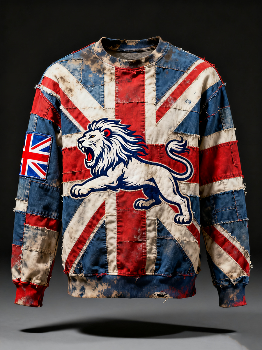 Men's British lion combined with retro old style Printed Crew Neck Sweatshirt