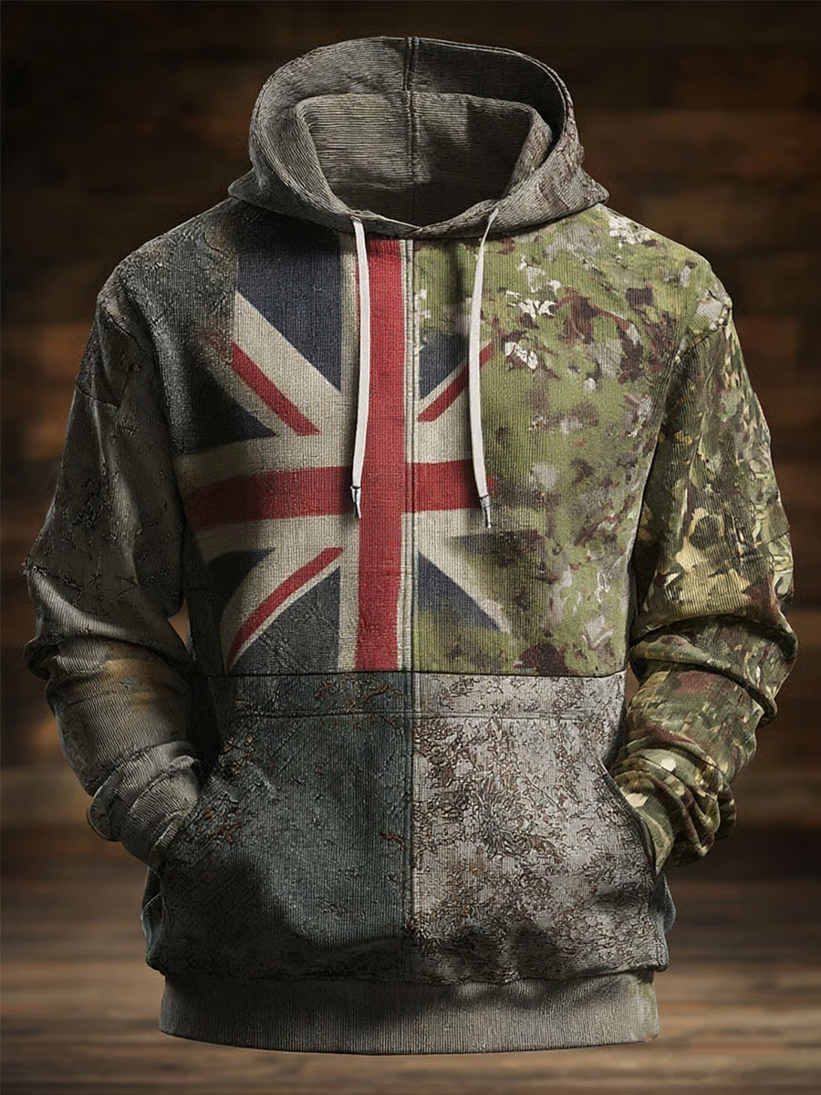 Men's British flag and camouflage pattern Printed Oversized Drop-Shoulder Hoodie with Pockets
