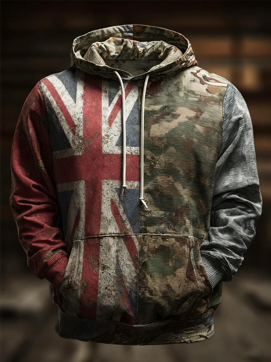 Men's British flag and camouflage pattern Printed Oversized Drop-Shoulder Hoodie with Pockets