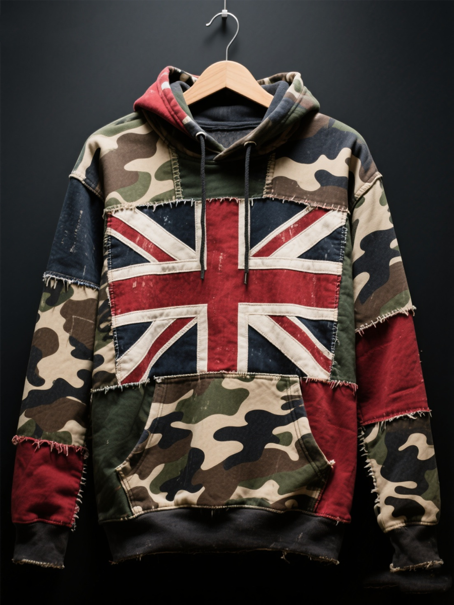 Men's British flag and camouflage pattern Printed Oversized Drop-Shoulder Hoodie with Pockets