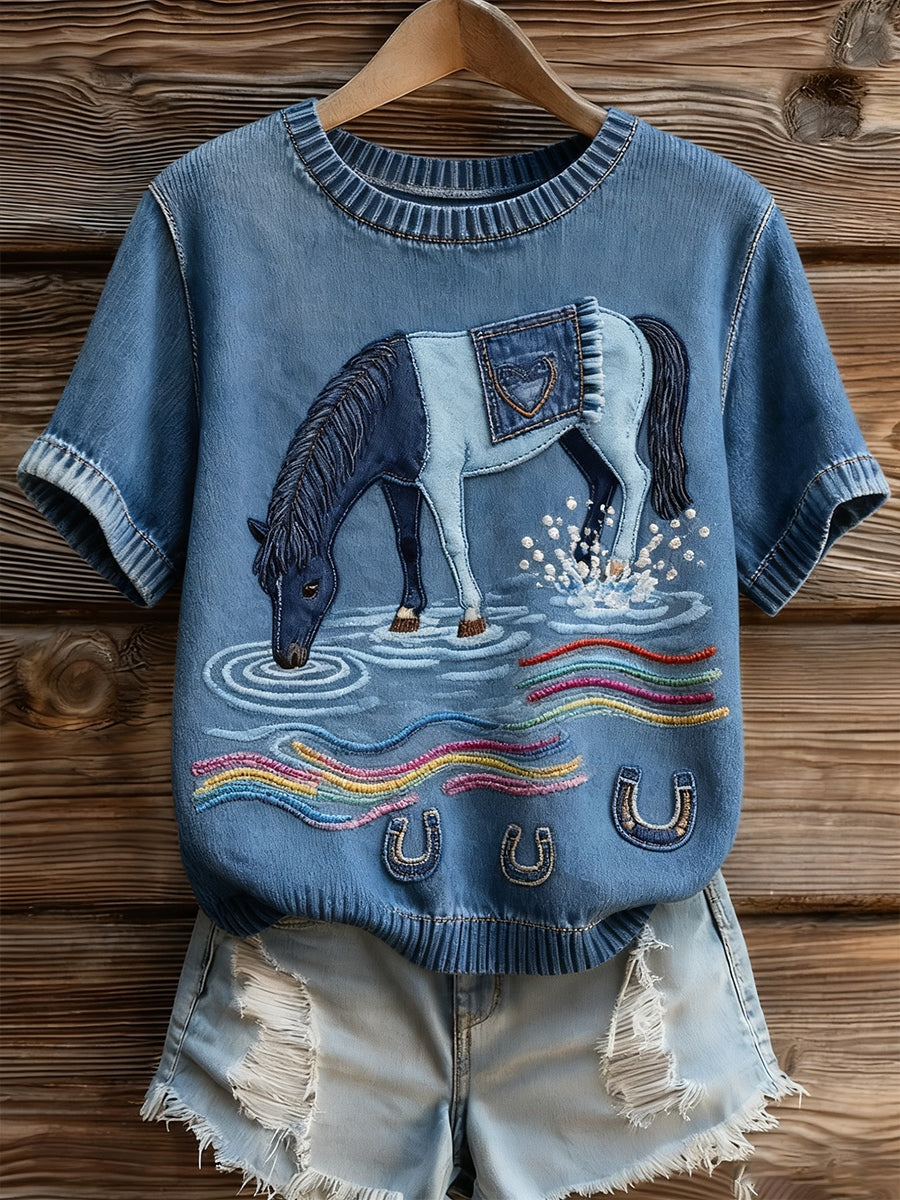 Women's Artistic Animal Print Comfortable Knit Short Sleeve Top