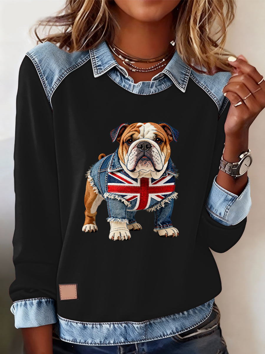 Women's British Style Bulldog Labrador Print Casual Top
