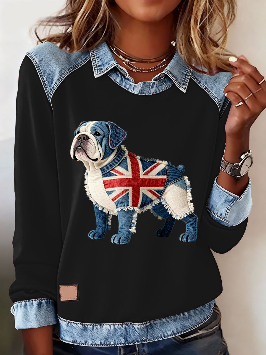 Women's British Style Bulldog Labrador Print Casual Top