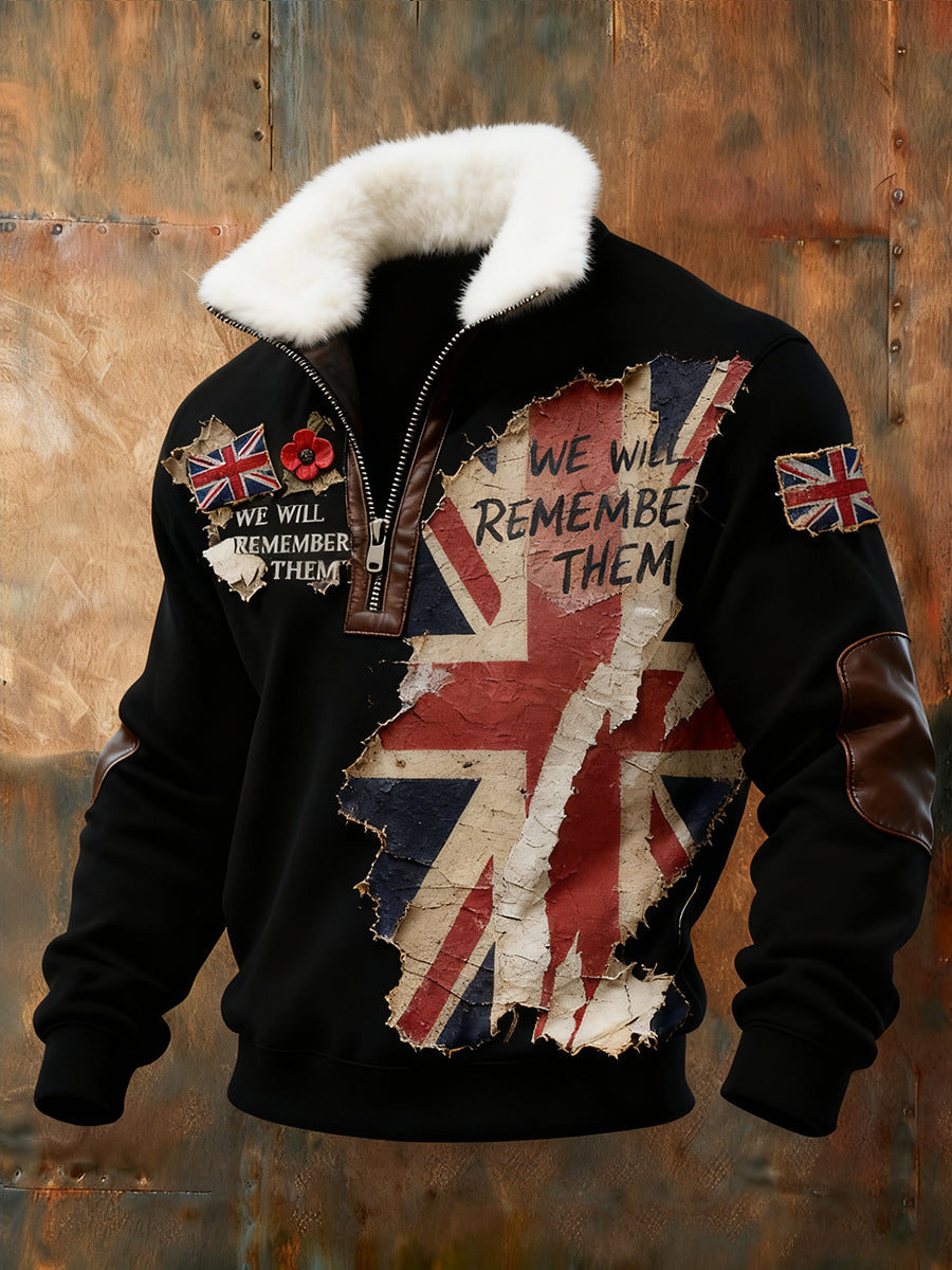 Men's Memorial Day "Forget Me Not" Poppy Fur Collar Sweatshirt