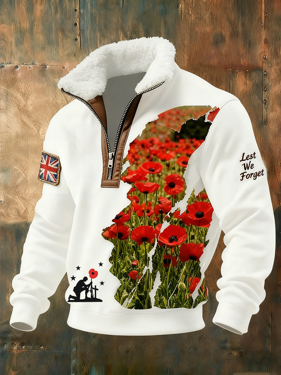 Men's Memorial Day "Forget Me Not" Poppy Fur Collar Sweatshirt