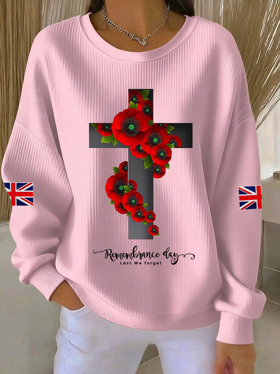 Women's Remembrance Day Lest We Forget Cross Ribbed Round-Neck Sweatshirt