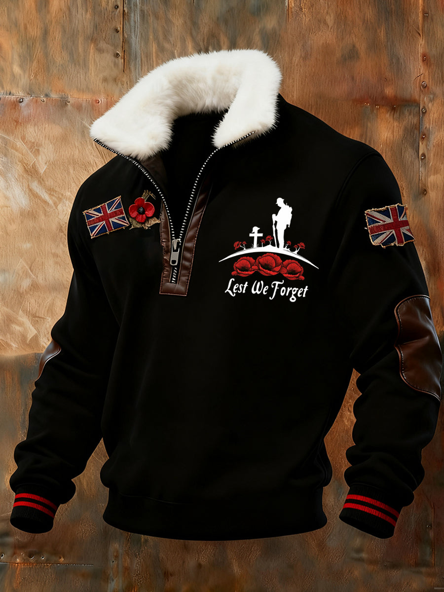 Men's Memorial Day "Forget Me Not" Poppy Fur Collar Sweatshirt
