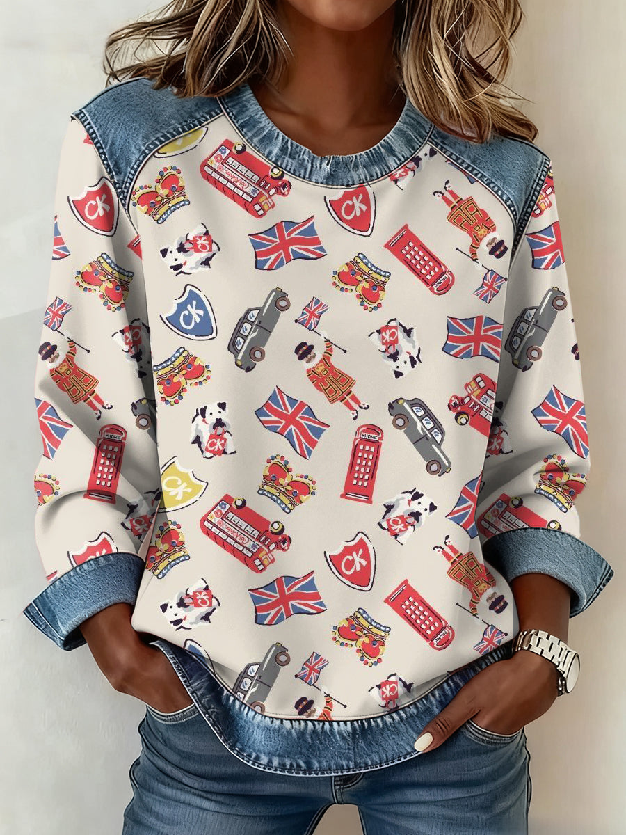 Women's British Style Pattern Patchwork Art Sweatshirt
