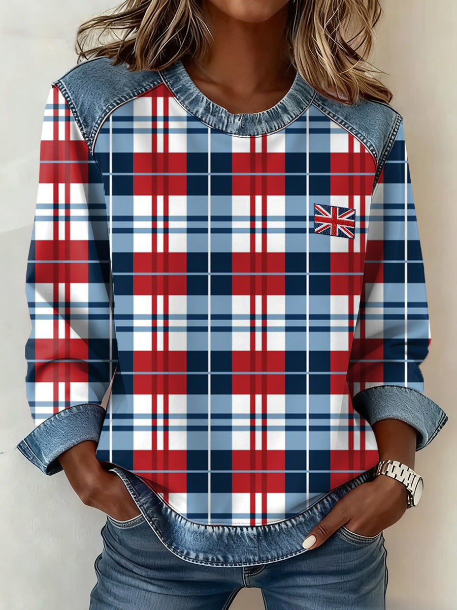 Women's British Style Inspired Plaid Pattern Patchwork Art Sweatshirt