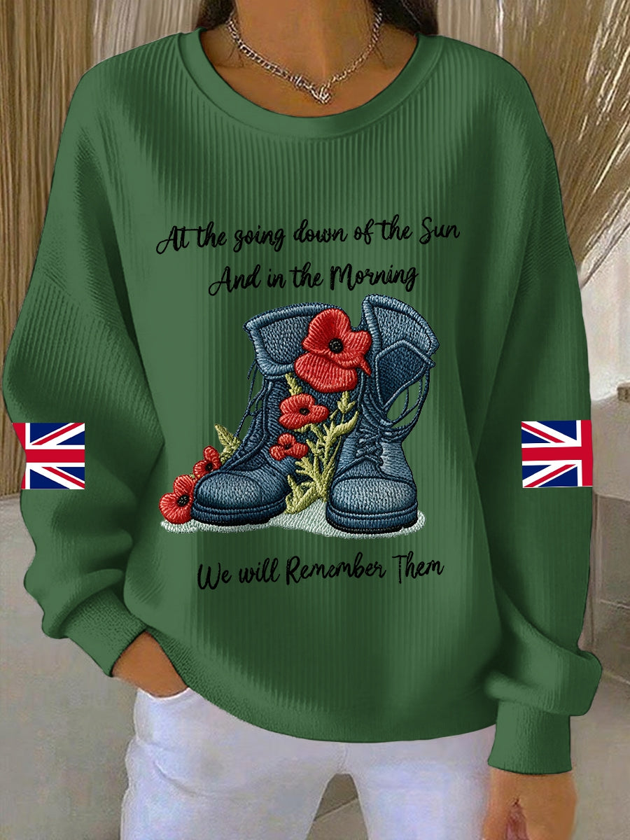 Women's 11th November Remembrance Day LEST WE'S FORGET Poppy Remembrance Ribbed Round-Neck Sweatshirt