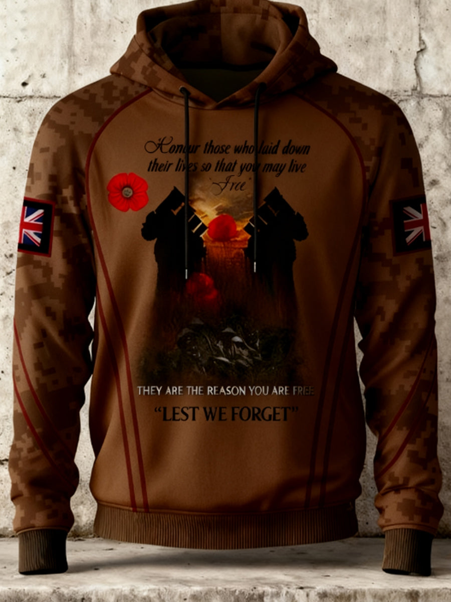 Men's 11th November Remembrance Day LEST WE'S FORGET Poppy Remembrance Hoodie
