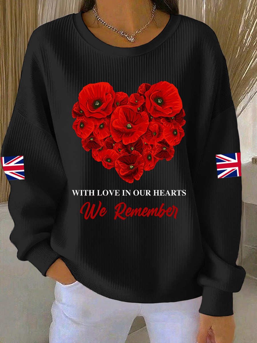 Women's 11th November Remembrance Day LEST WE'S FORGET Poppy Remembrance Ribbed Round-Neck Sweatshirt