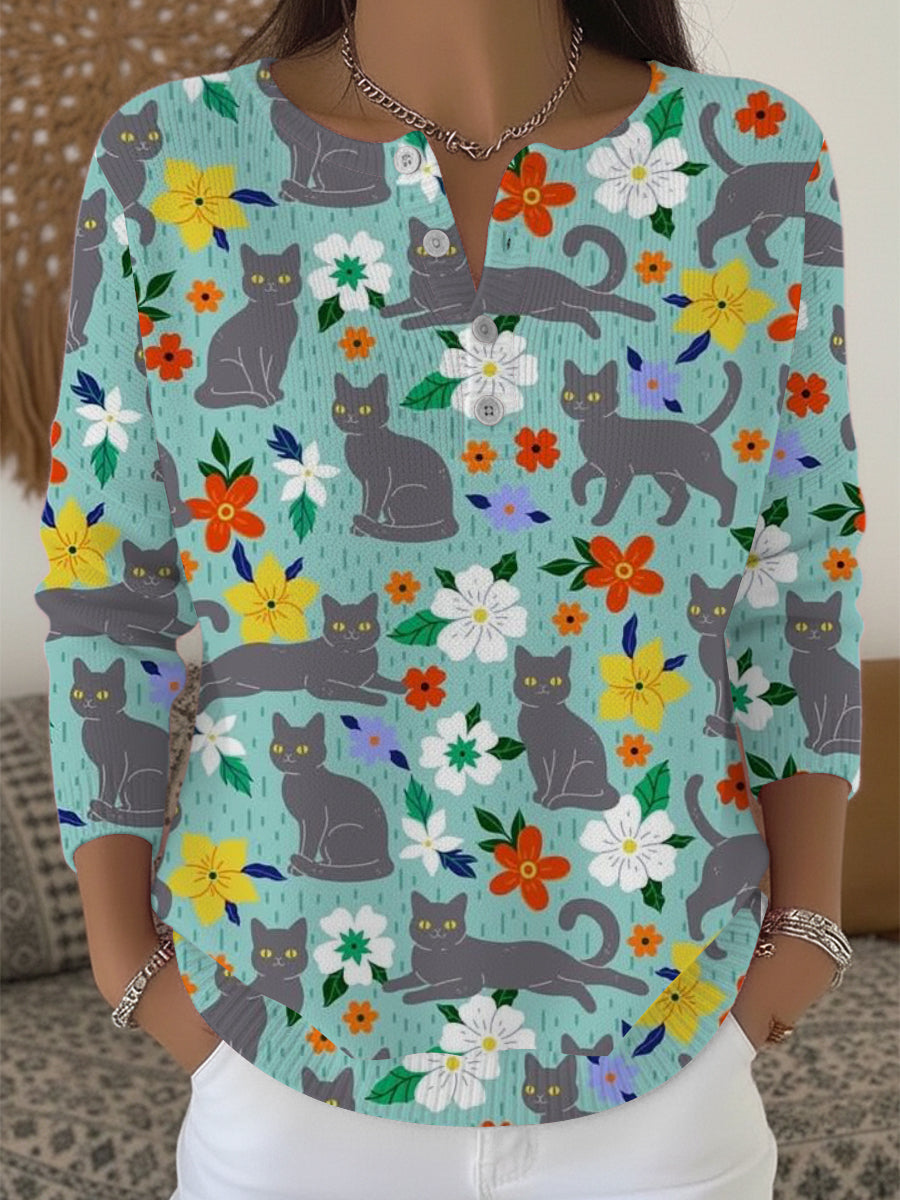 Women's Charming Cat & Floral Print Henley Sweater