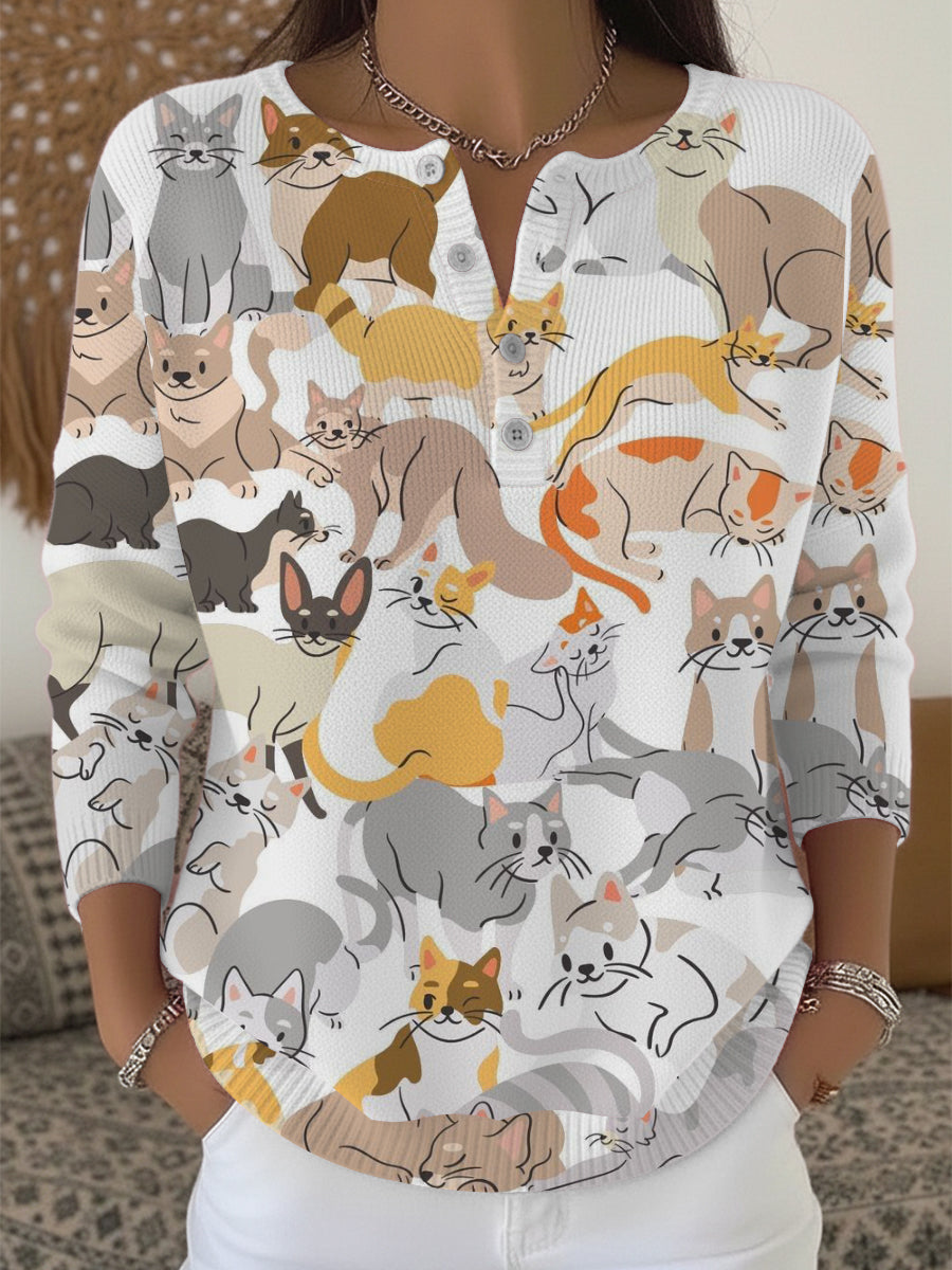 Women's Colorful Cat Collage Print Henley Sweater