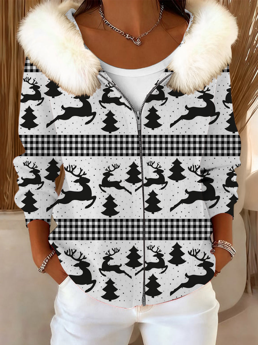 Women's Chic Black & White Plaid Reindeer Print Fur Collar Jacket