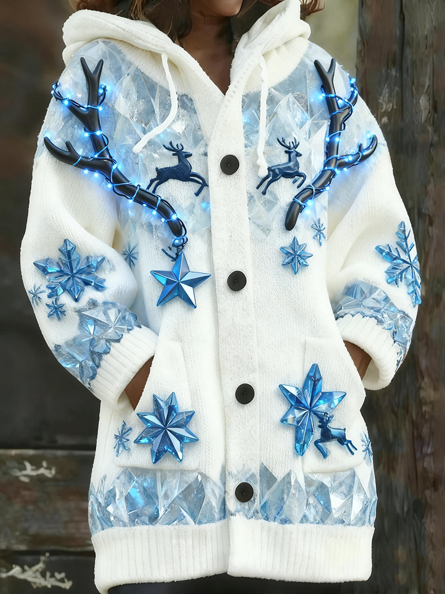 Women's Retro Christmas Art Print Casual Comfort Knitted Hooded Cardigan