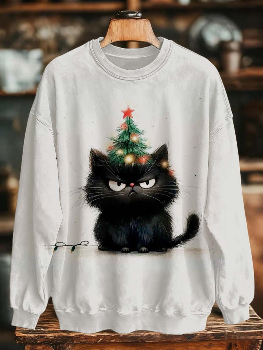 Cat Christmas Tree Print Casual Crewneck Sweatshirt