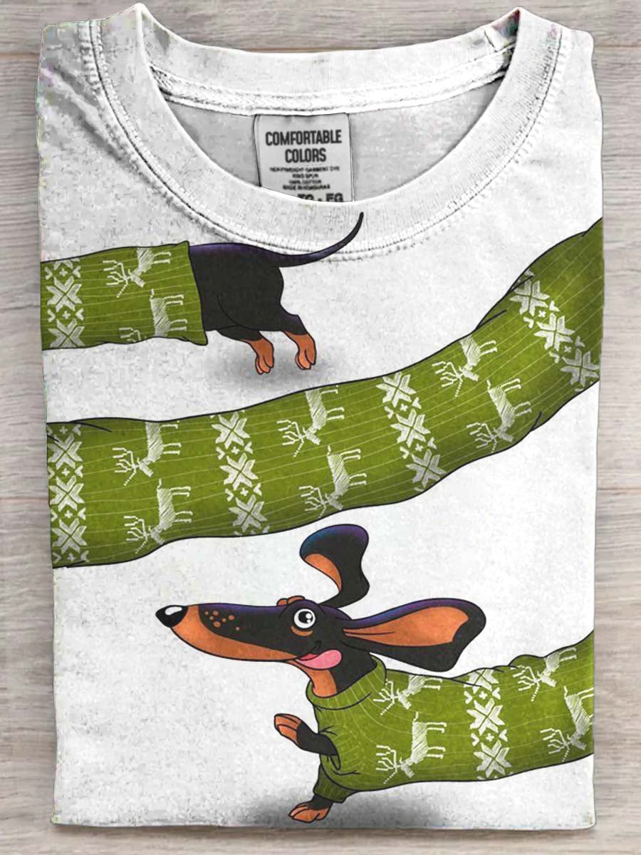 Cute Christmas Dachshund Print Casual Short-Sleeve T-Shirt