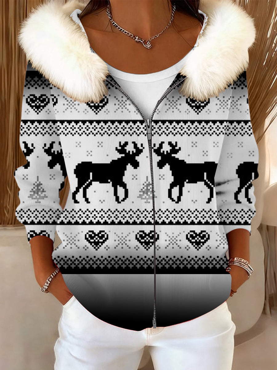 Women's Classic Black & White Reindeer Print Fur Collar Jacket