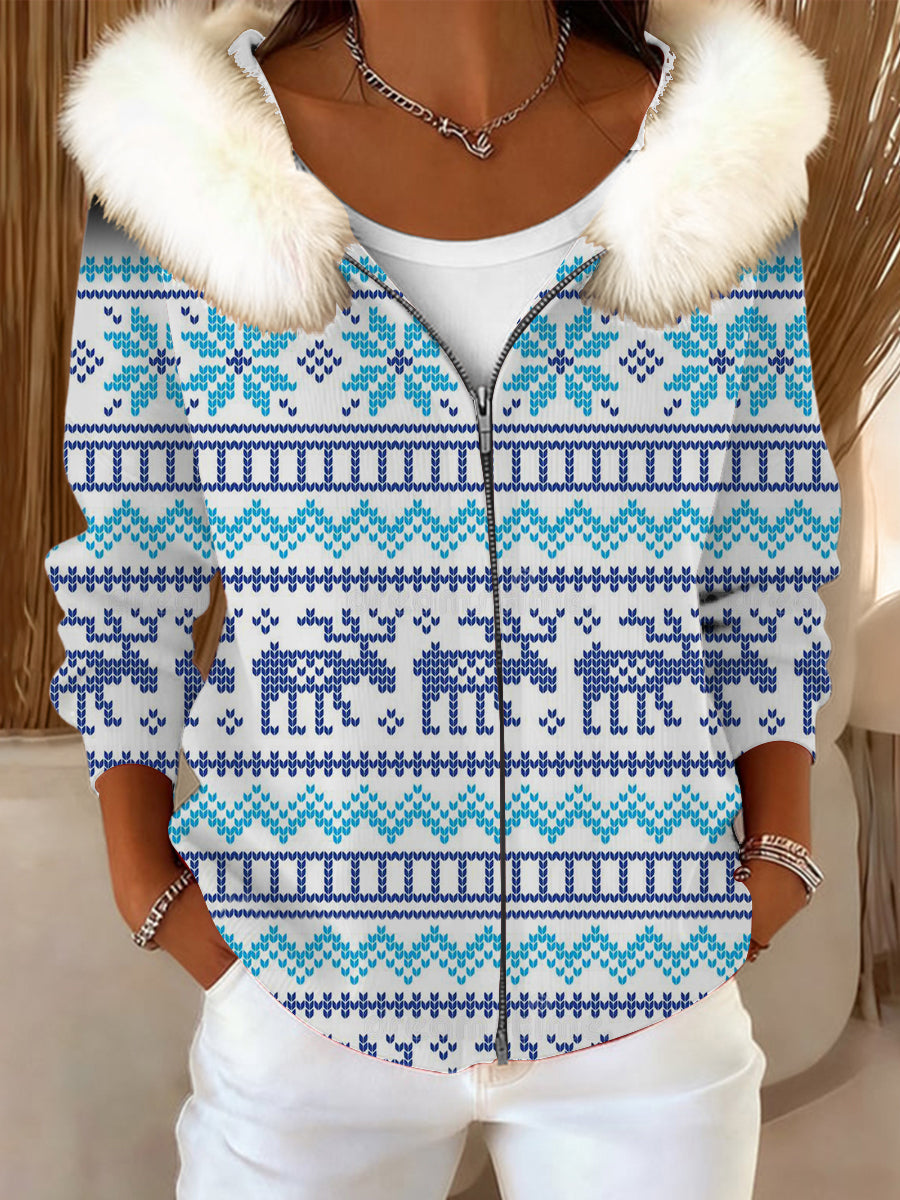 Women's Fresh Blue Snowflake & Reindeer Print Fur Collar Jacket