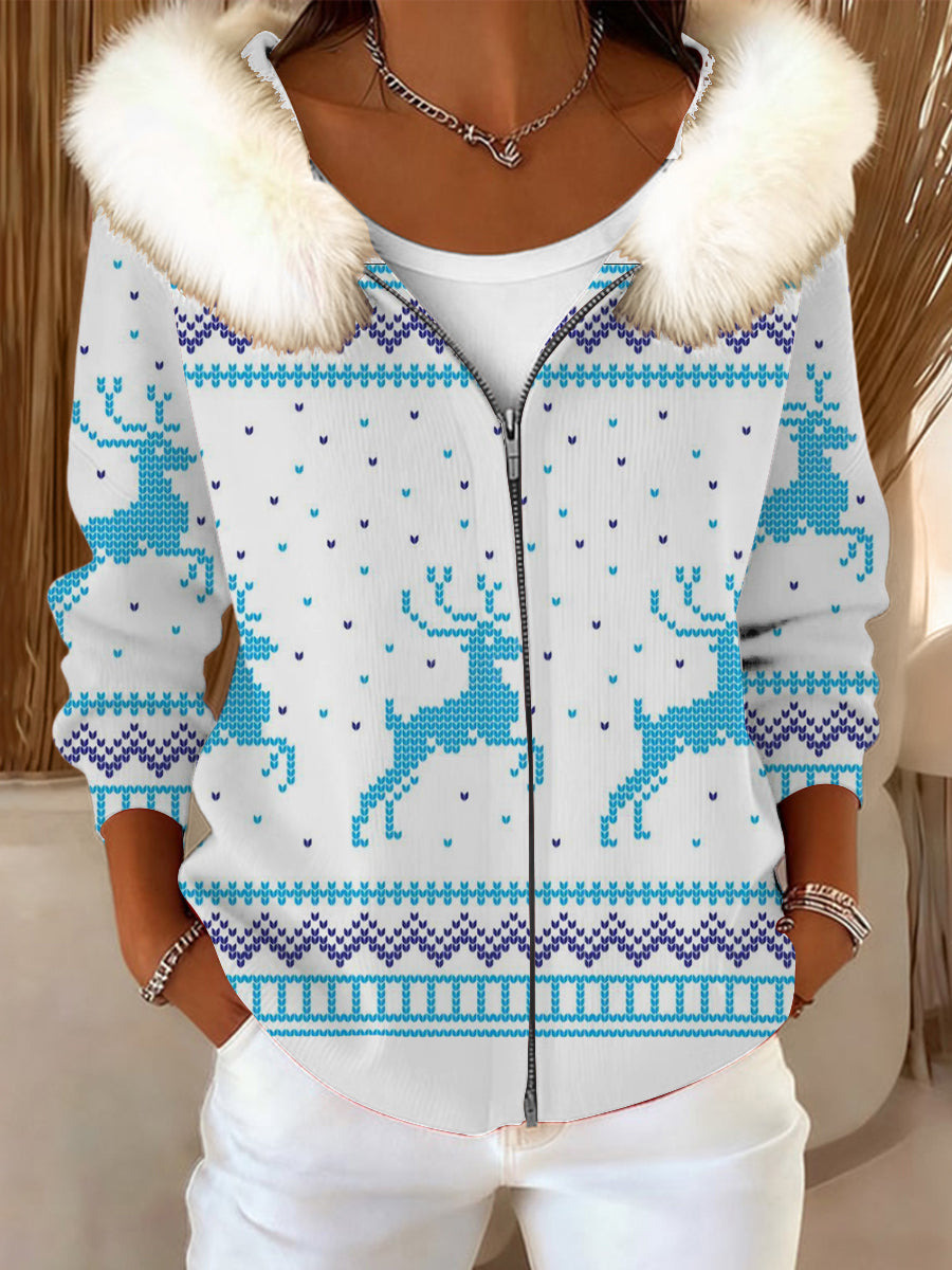 Women's Lovely Blue Reindeer Print Fur Collar Jacket