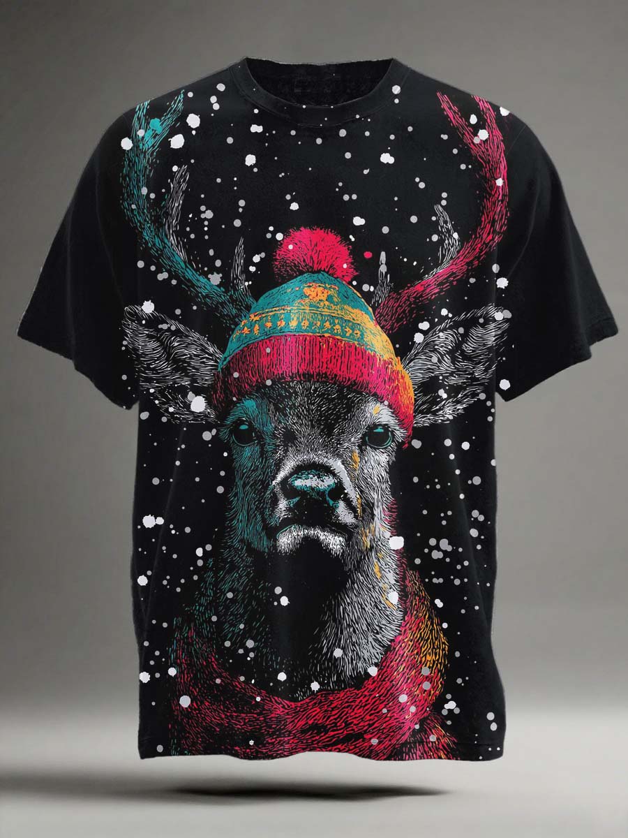 Christmas Reindeer Print Casual Short-Sleeve T-Shirt