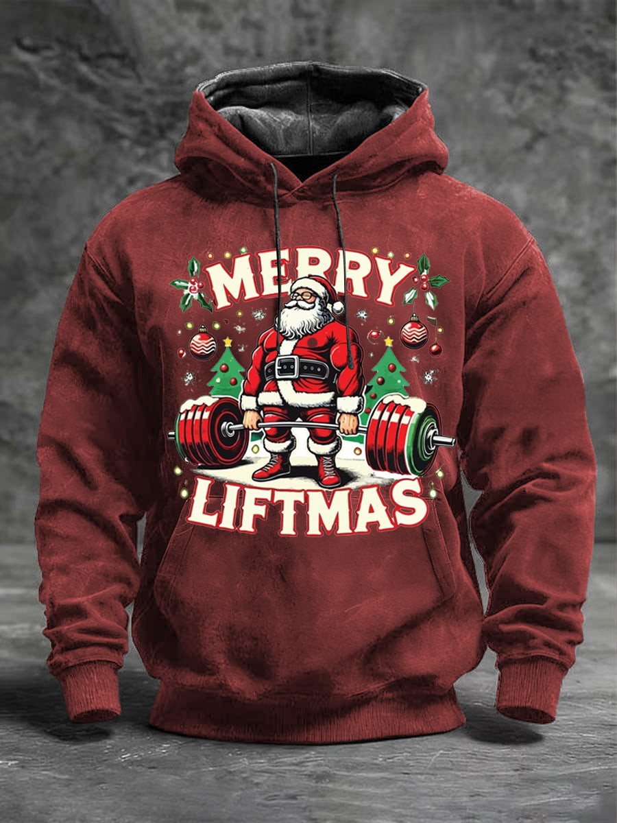 Men's Red "Merry Liftmas" Santa Weightlifting Print Hoodie