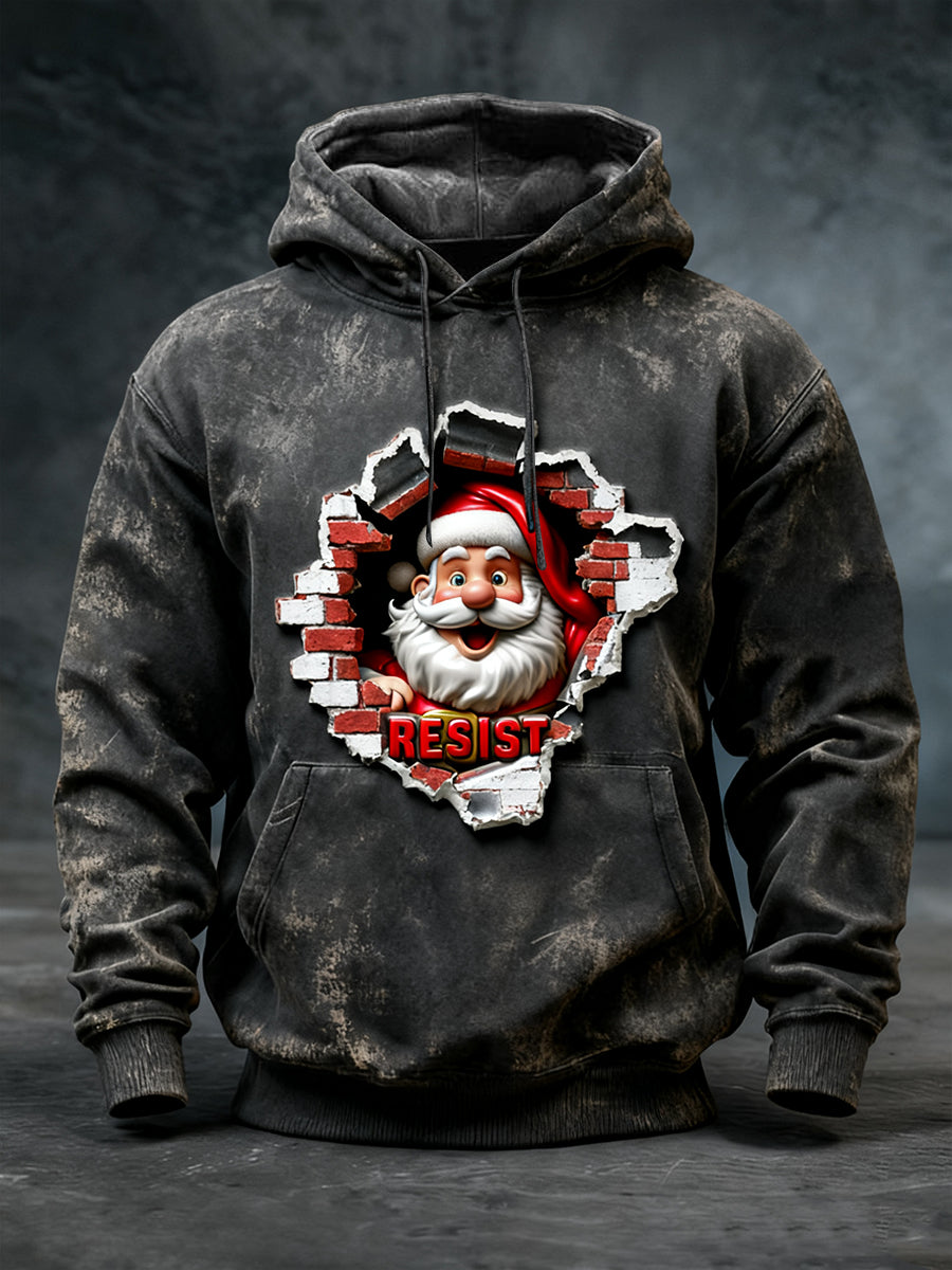 Men's Black Distressed "Resist" Santa Print Hoodie