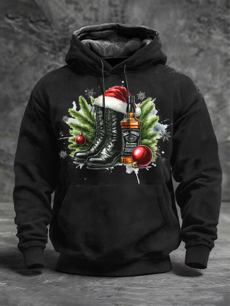 Men's Black Whiskey & Boot Christmas Print Hoodie