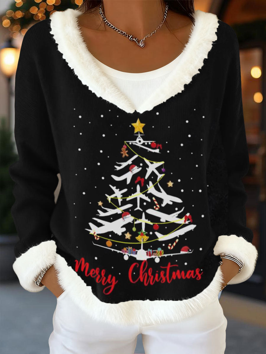 Women's Christmas Tree Airplanes Plush Tops