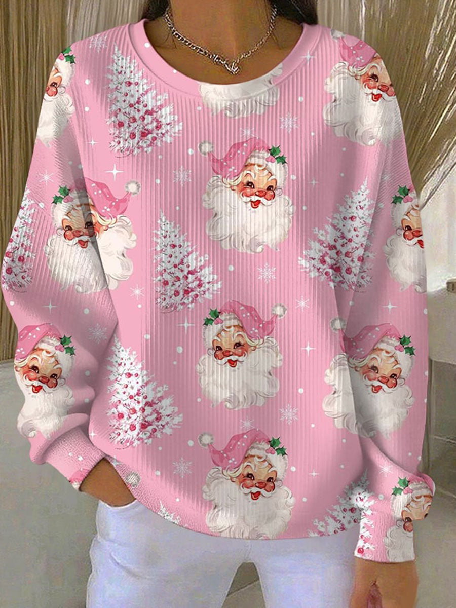 Women's Christmas Tree Santa Claus Print Ribbed Round-Neck Sweatshirt