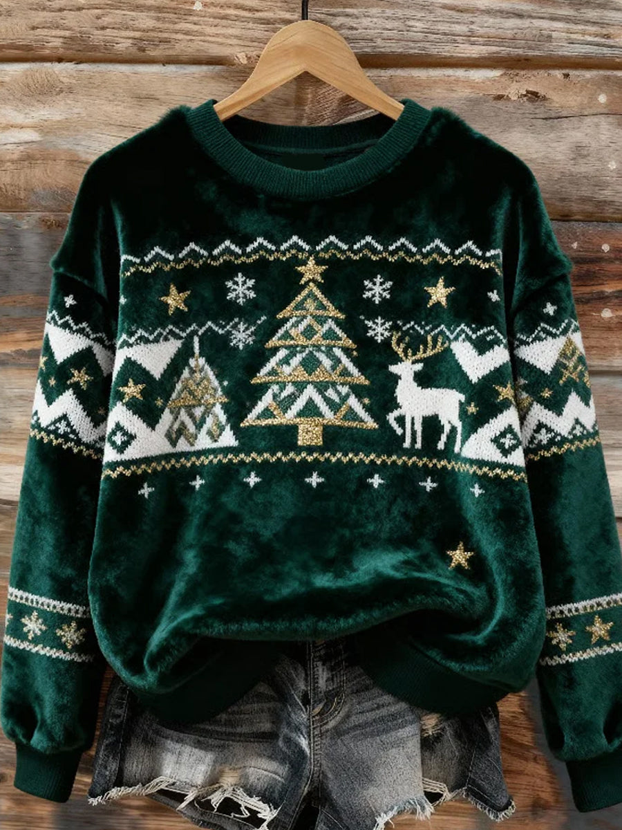 Women's Retro Animal Christmas Art Print Casual Flannel Top