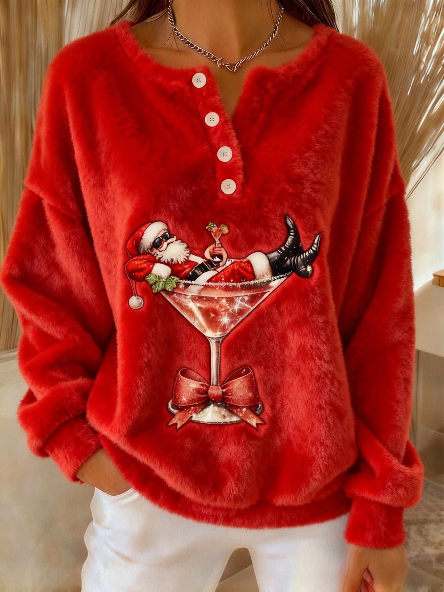 Women's Vintage Christmas Santa Claus Cocktail Print Comfortable Flannel Sweatshirt