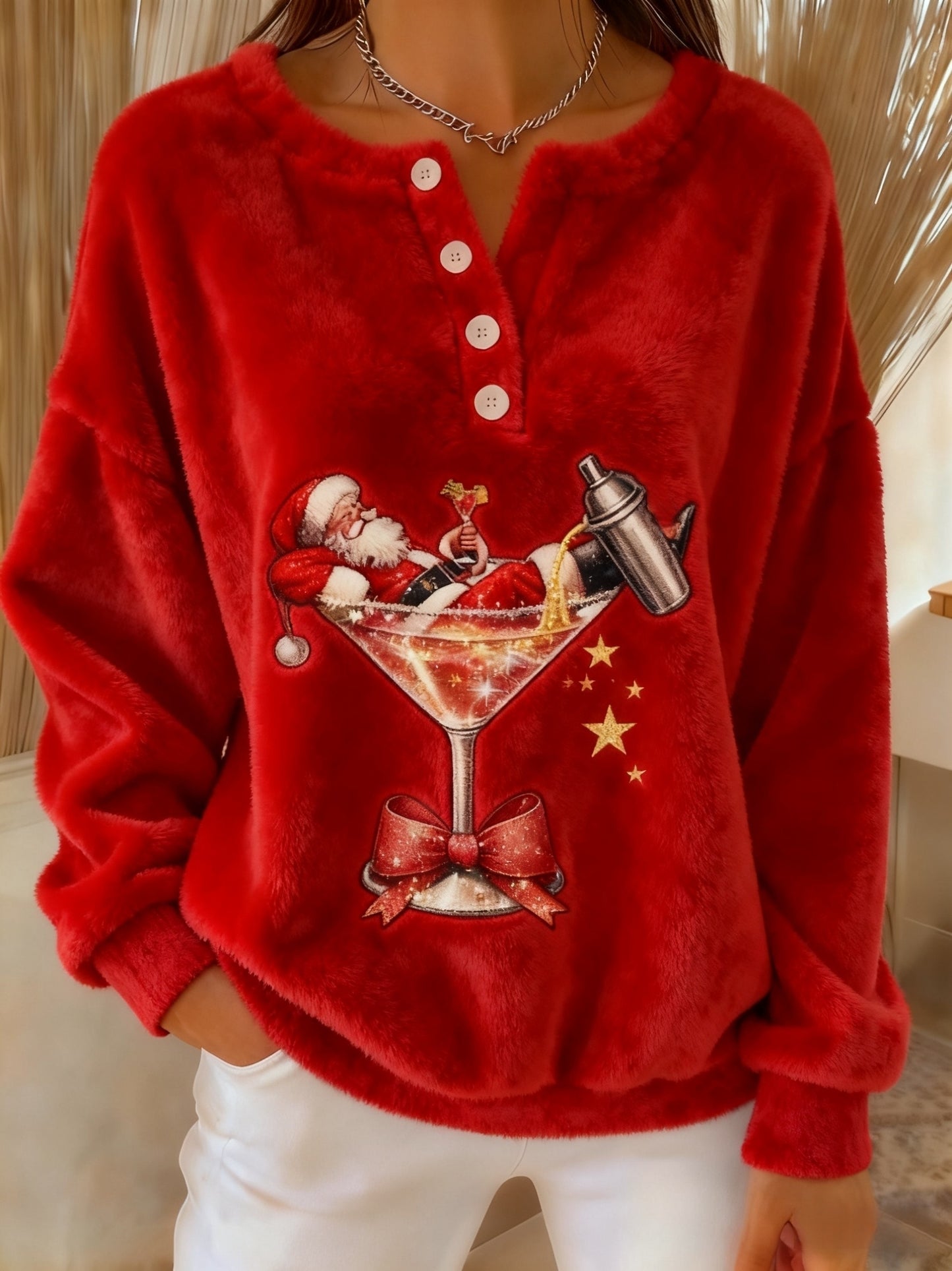 Women's Vintage Christmas Santa Claus Cocktail Print Comfortable Flannel Sweatshirt